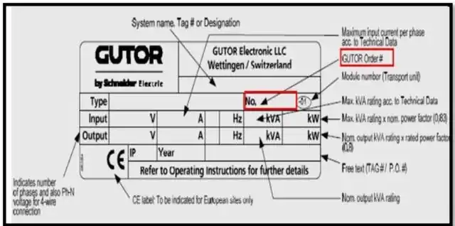 Placa de identificação Gutor com o número de sistema (GUTOR Order #) em destaque